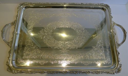 Grand Antique English Engraved Silver Plate Serving Tray - C.1880