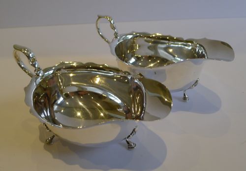 Pair Elegant English Sterling Silver Sauce / Gravy Boats - Scottish Retailer - 1935