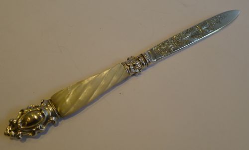 Stunning Antique English Sterling Silver & Mother of Pearl Letter Opener