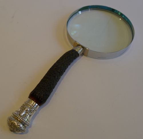 Large Antler Horn Handled Magnifying Glass - English Rams Head Sterling Silver Fittings