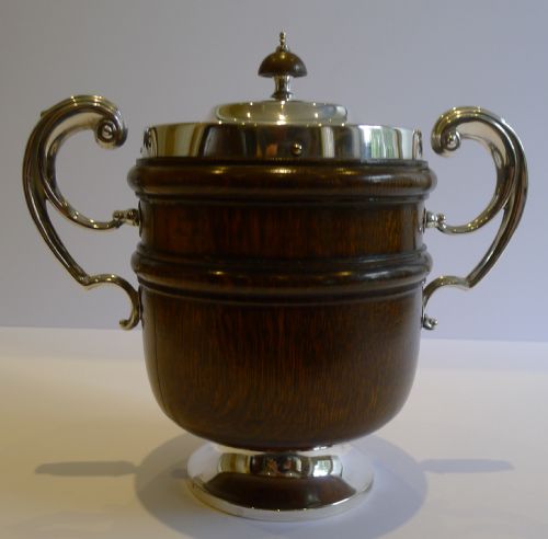Grand Antique English Oak & Silver Plated Trophy Shaped Biscuit Box / Barrel C.1900