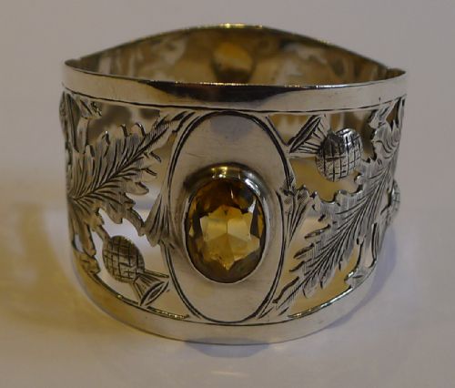 English Sterling Silver Napkin Ring - Scottish Thistles - Cairngorm Stone - 1923