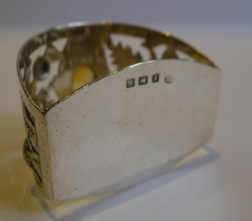 fig 1. English Sterling Silver Napkin Ring - Scottish Thistles - Cairngorm Stone - 1923