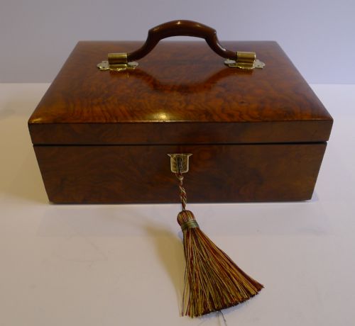 Unusual Antique English Walnut Jewellery Box with Carved Carrying Handle - 1869