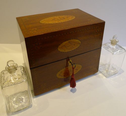 Grand Early 19th Century Dutch Decanter Box - Shell Inlaid - Gilded Decanters