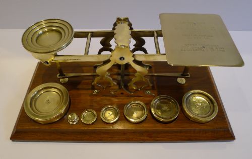Large Antique English Oak & Brass Postal Scale - Sampson Mordan