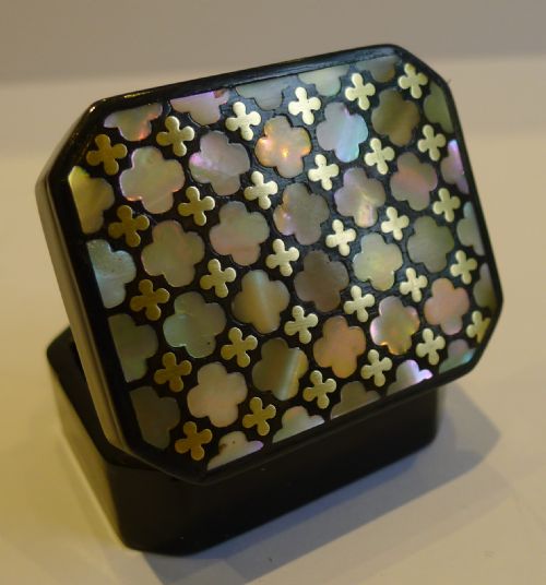 Small Antique French Mother of Pearl & Brass Inlaid Box Signed Tahan, Paris