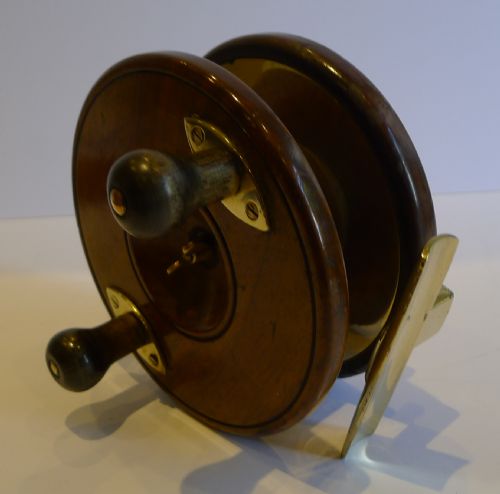 Antique English Mahogany and Brass Star-back Fishing Reel C.1910