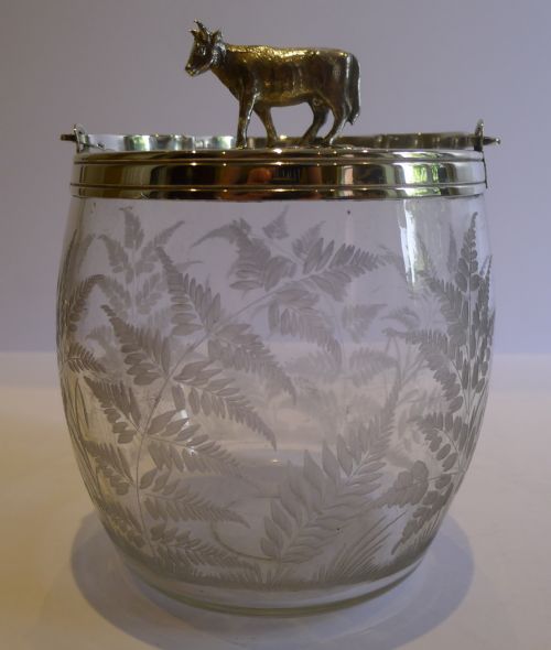 Antique English Fern Engraved Biscuit Barrell / Box - Figural Cow Finial C.1890