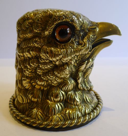 Unusual Antique English Cast Brass Figural Inkwell - Eagle with Original Glass Eyes C.1880