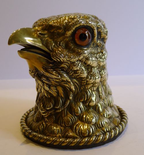 fig 1. Unusual Antique English Cast Brass Figural Inkwell - Eagle With Original Glass Eyes c.1880