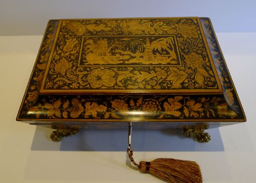 Magnificent Large English Regency Pen Work Jewellery Box - Chinoiserie Decorated C.1820