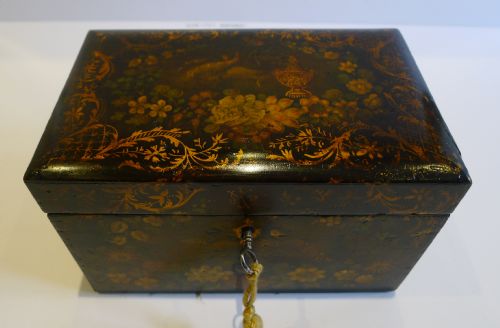 Antique English Painted Papier Mache Tea Caddy C.1850