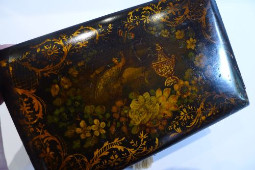 fig 1. Antique English Painted Papier Mache Tea Caddy c.1850