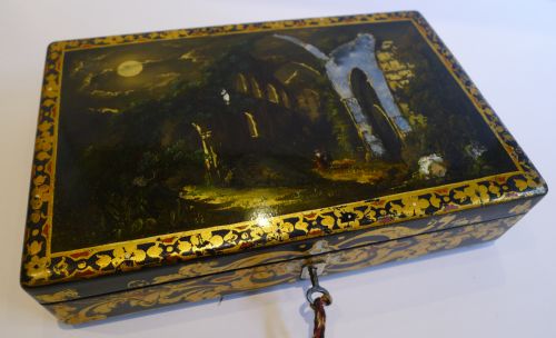 Antique Hand Painted Papier Mache Box - Tintern Abbey, Wales C.1850