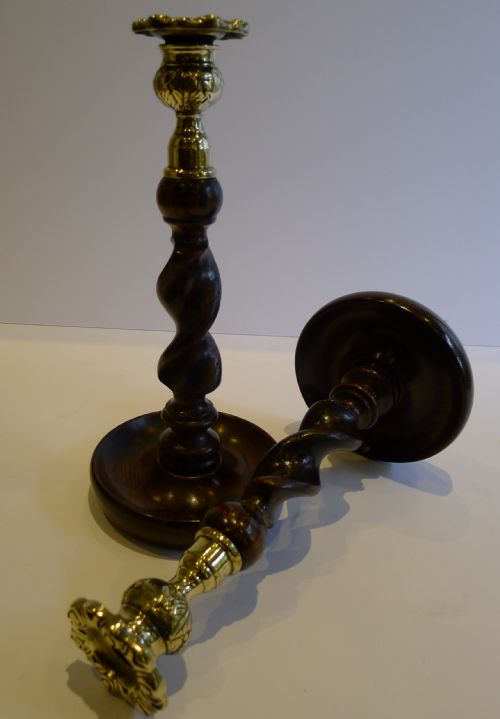 Handsome Pair Solid Oak Barley Twist Candlesticks - Brass Thistle Tops
