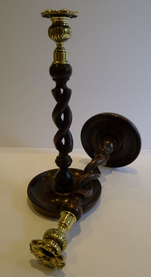 Pair Antique English Oak Open Barley Twist Candlesticks - Brass Thistle Tops