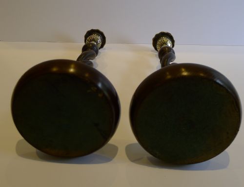 fig 1. Pair Antique English Oak Open Barley Twist Candlesticks - Brass Thistle Tops