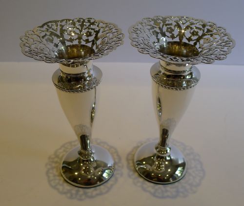 Pair Antique English Sterling Silver Bud Vases - Victorian - Birmingham 1900