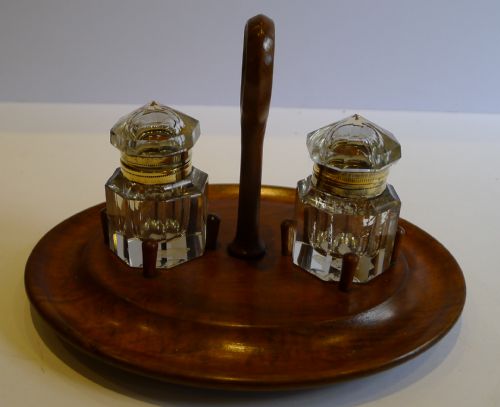 Antique English Walnut Inkstand - Octagonal Cut Crystal Inkwells C.1890