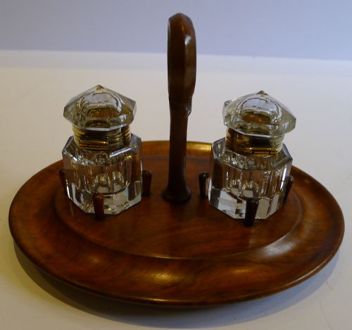 fig 1. Antique English Walnut Inkstand - Octagonal Cut Crystal Inkwells c.1890