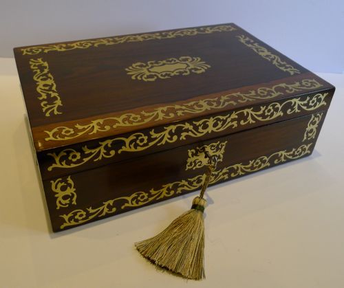 English Regency Foliate Cut Brass Inlaid Rosewood Writing Slope / Lap Desk C.1820