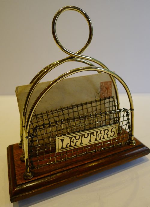 Antique English Polished Brass & Oak Letter Rack or Holder C.1890