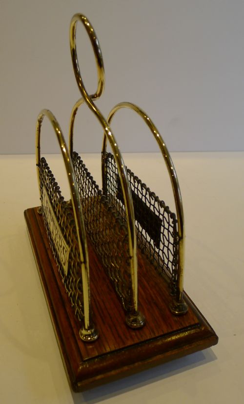 fig 1. Antique English Polished Brass & Oak Letter Rack or Holder c.1890