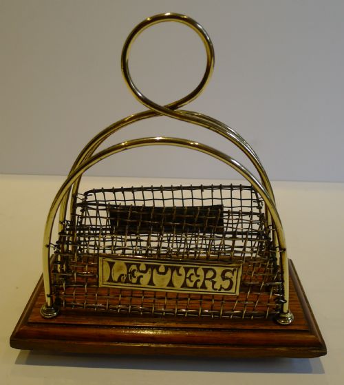 fig 2. Antique English Polished Brass & Oak Letter Rack or Holder c.1890