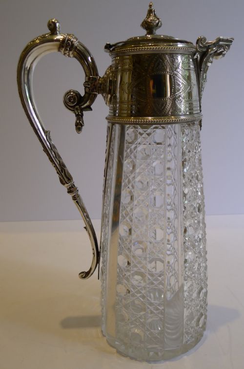 Handsome Antique English Cut Crystal & Silver Plated Claret Jug C.1880