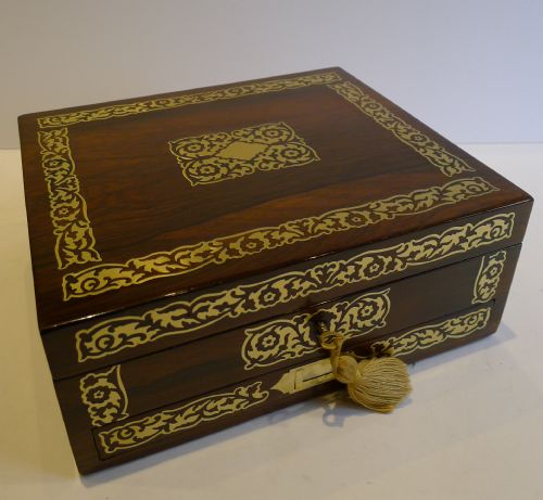 English Regency Foliate Cut Brass Inlaid Rosewood Desk or Table Box C.1820