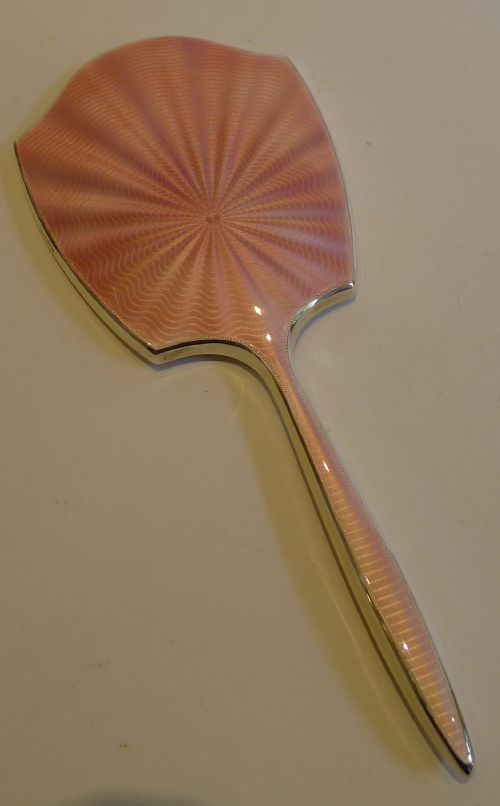 Antique English Sterling Silver & Pink Guilloche Enamel Hand Mirror - 1913