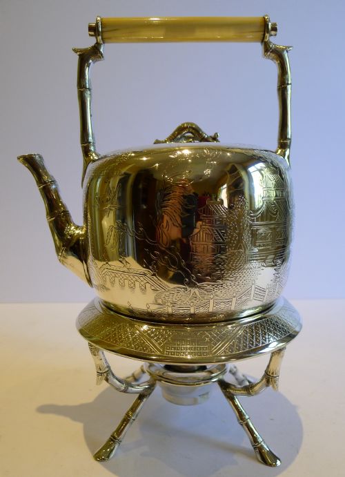 Antique English Chinoiserie / Willow Design Silver Plated Spirit Kettle - Registered 1879