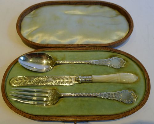 Antique English Sterling Silver and Mother of Pearl Christening Set - 1908
