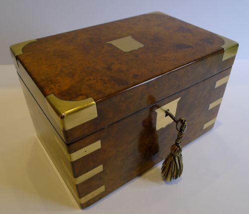 Handsome Military / Campaign Style Brass Bound Tea Caddy in Burl Walnut C.1880