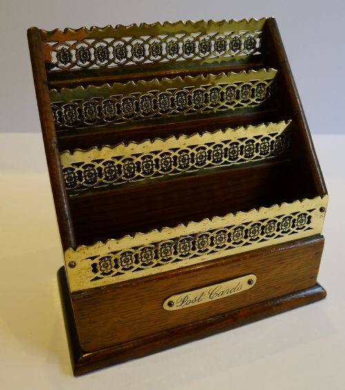 Antique English Oak & Brass Post Cards Caddy C.1890 / 1900