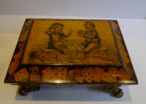 Rare English Regency Jewelry Box - Penwork & Hand Painted - Playing Cards & Lucky Chimney Sweeps C.1820