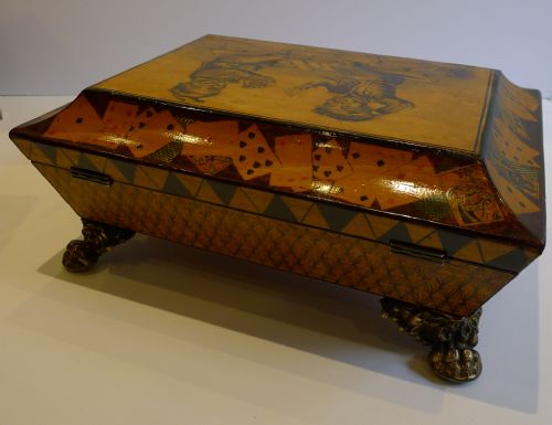 fig 1. Rare English Regency Jewelry Box - Penwork & Hand Painted - Playing Cards & Lucky Chimney Sweeps c.1820