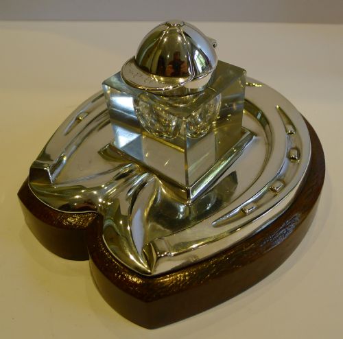 Antique Equestrian / Horse Racing Inkstand / Inkwell in Oak & Silver Plate - Reg. 1909