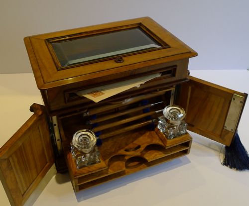 Stunning Antique English Olivewood Writing Cabinet / Letter Box with Glass Top C.1880