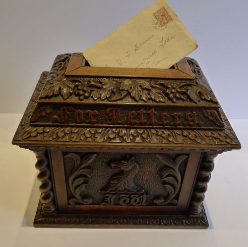 Rare Antique English Carved Mahogany Letters Box C.1840 - Armorial Crest