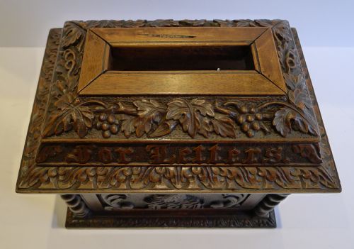 fig 1. Rare Antique English Carved Mahogany Letters Box c.1840 - Armorial Crest
