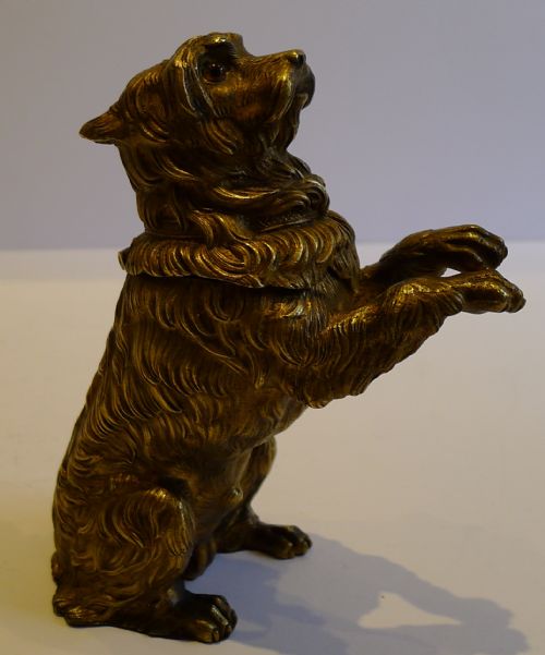 Charming Antique English Gilded Brass Figural Inkwell - Dog with Original Glass Eyes