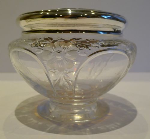 fig 2. Stunning Footed Powder Bowl - Floral Engraved Crystal - Sterling & Tortoiseshell Lid