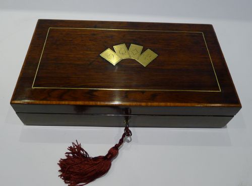 Antique French Brass Inlaid Rosewood Playing Card Box C.1880