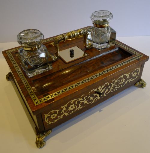 English Regency Foliate Cut Brass Inlaid Rosewood Inkstand / Inkwell C.1820