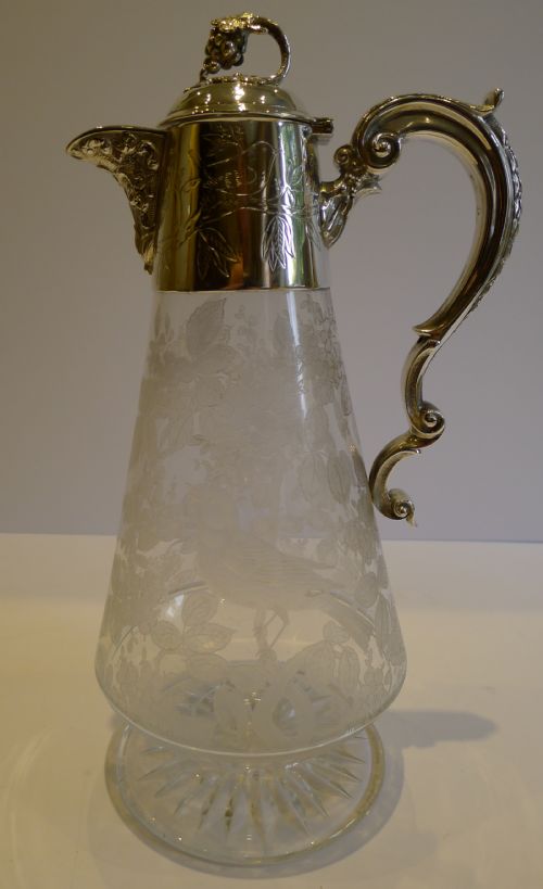 Antique English Copper Wheel Engraved Claret Jug by Hukin & Heath C.1880 - Bird
