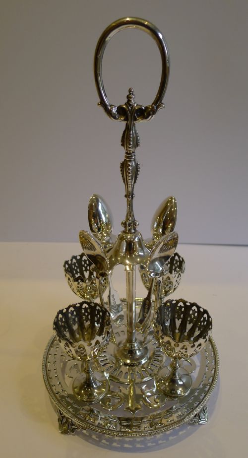 Unusual Antique English Silver Plated Egg Cruet for Four C.1890