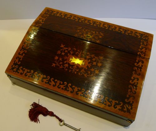 Antique English Rosewood & Burr Maple Lap Desk / Writing Slope C.1840