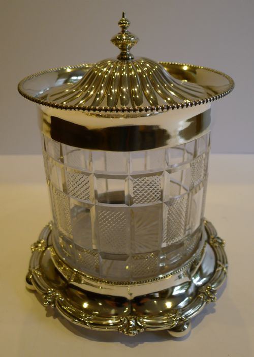 Elegant Antique English Cut Crystal & Silver Plate Biscuit Box by Walker C.1890
